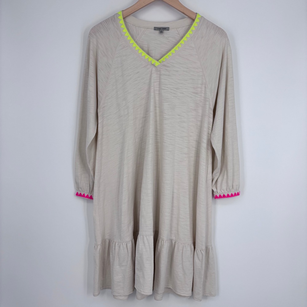 Lisa Todd Dress Womens Small Beige‎ Cotton Neon Trim Ruffle Hem Boho Slub Knit